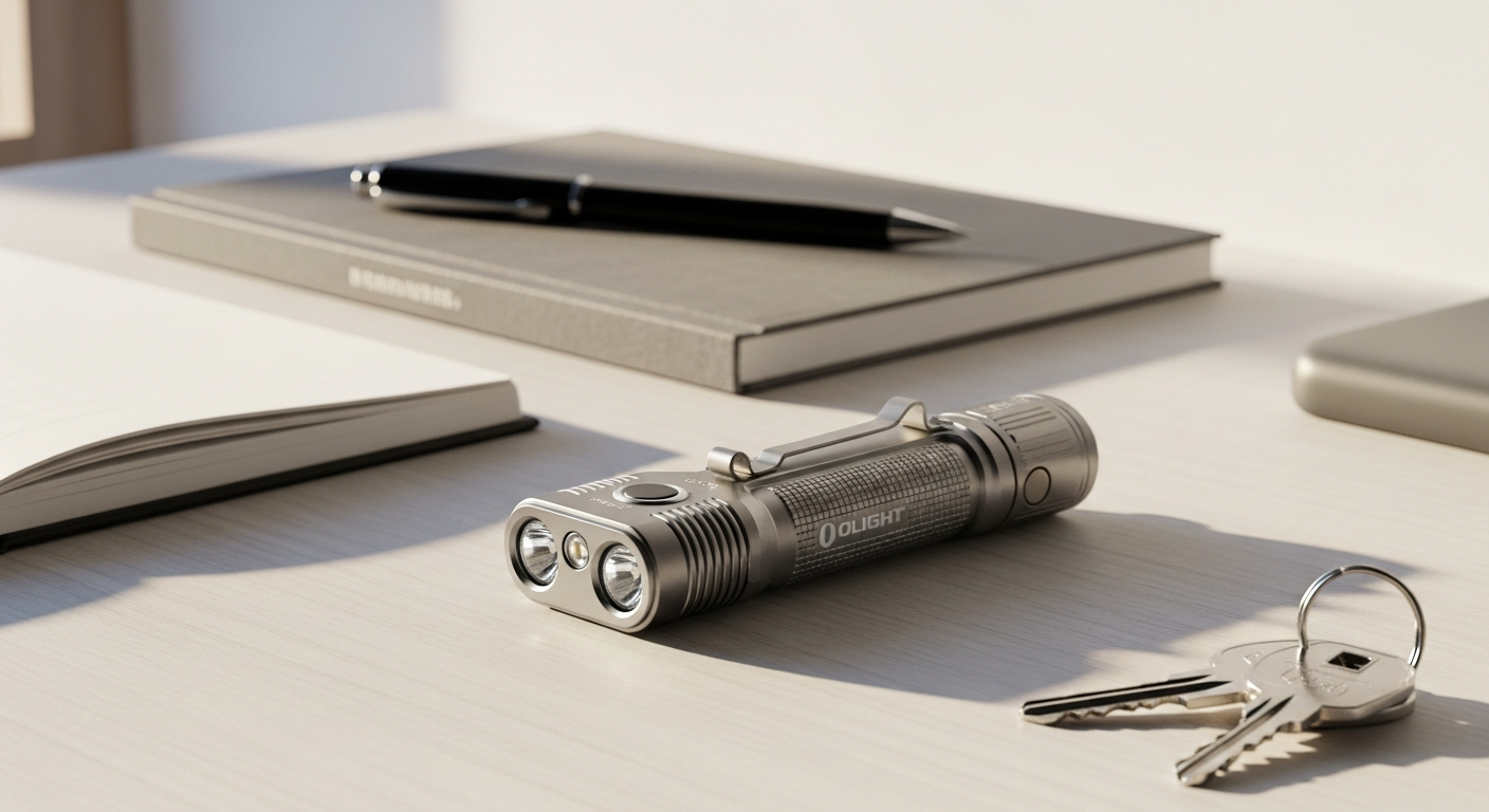 Olight Arkfeld Pro EDC flashlight with laser displayed on dark surface