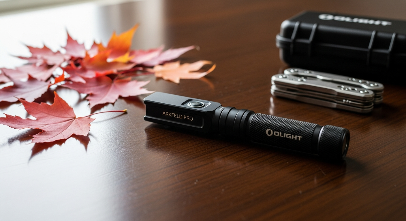 Olight Arkfeld Pro Flat EDC Flashlight with UV and laser capabilities displayed