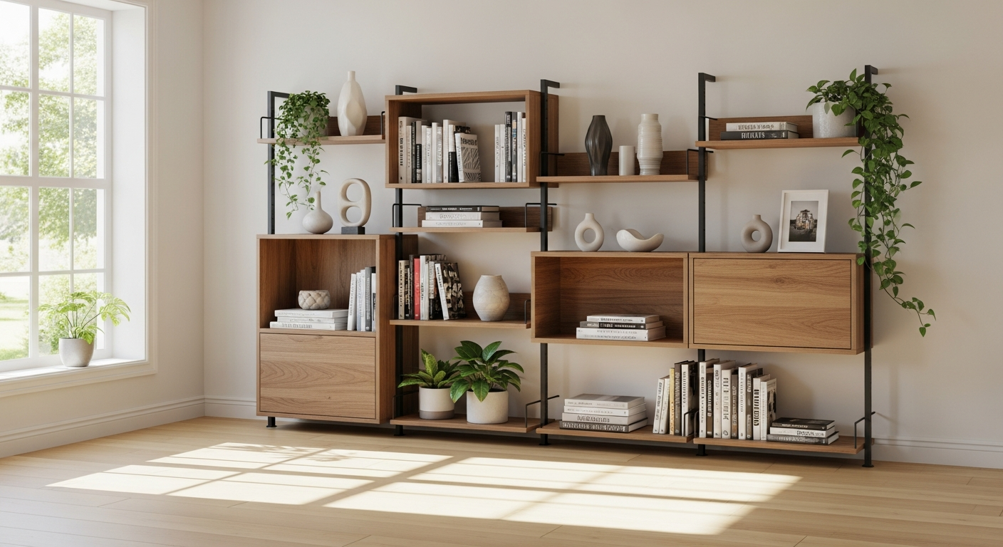 Omba Solid Wood Modular Bookshelf displaying custom configuration with white oak and walnut finishes