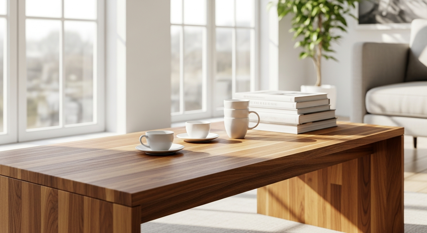 Handcrafted custom wood coffee table with white oak finish and minimalist design