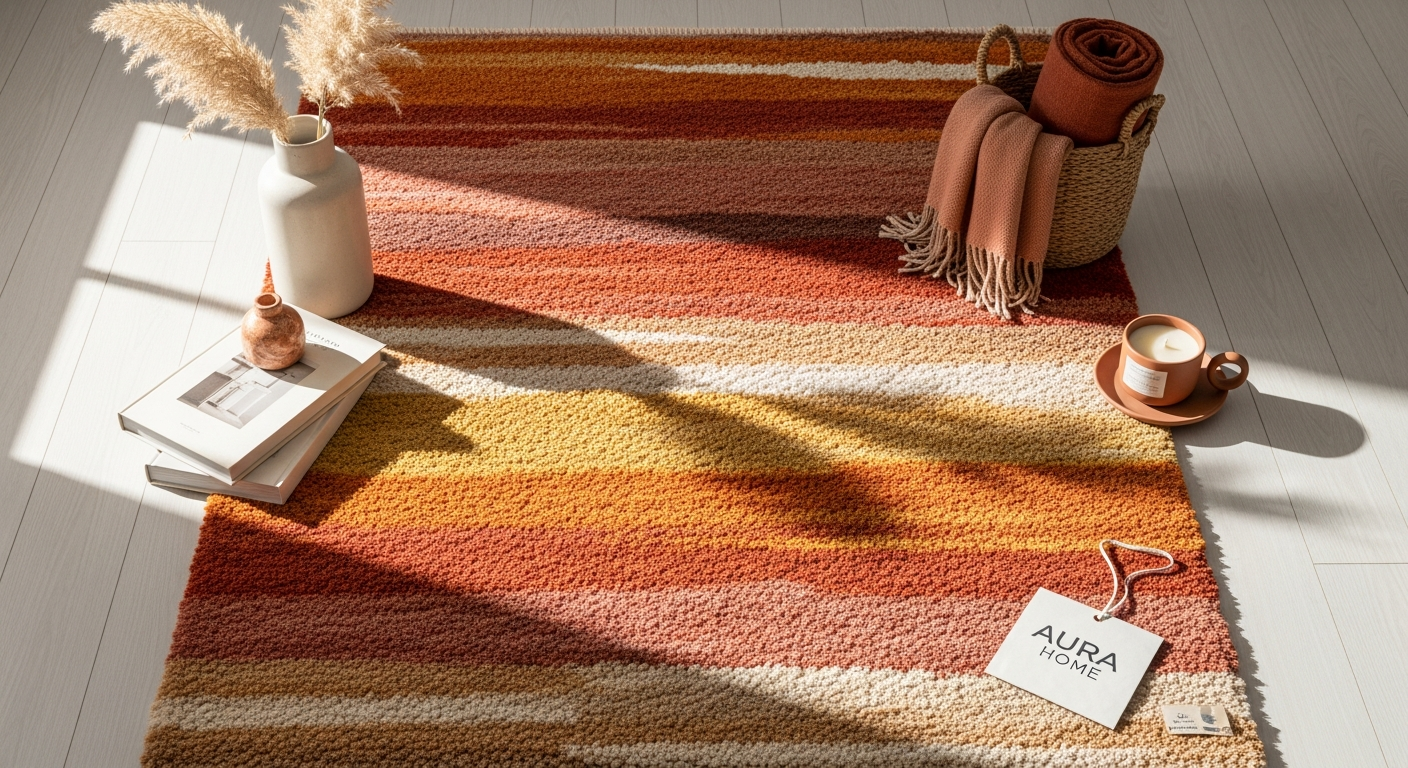 Hand-tufted wool rug with warm terra and beige geometric patterns in modern home setting