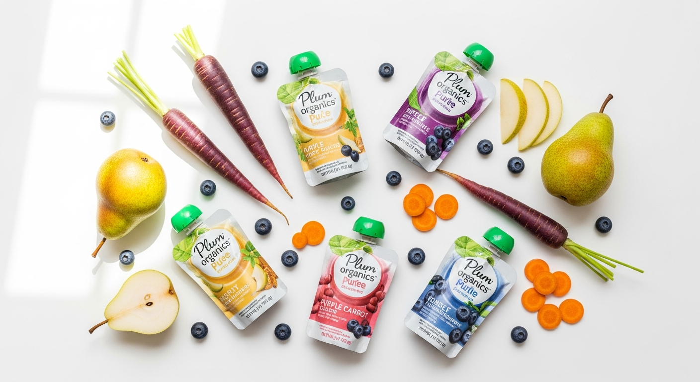Plum Organics Pear Purple Carrot Blueberry Puree pouch with fresh organic fruits and vegetables