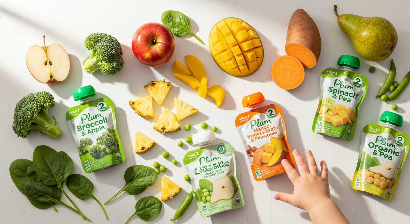 Plum Organics Stage 2 organic pouches displayed with fresh fruits and vegetables