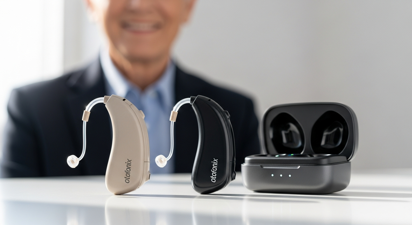Otofonix Helix rechargeable hearing aids displayed with charging case and smartphone app interface