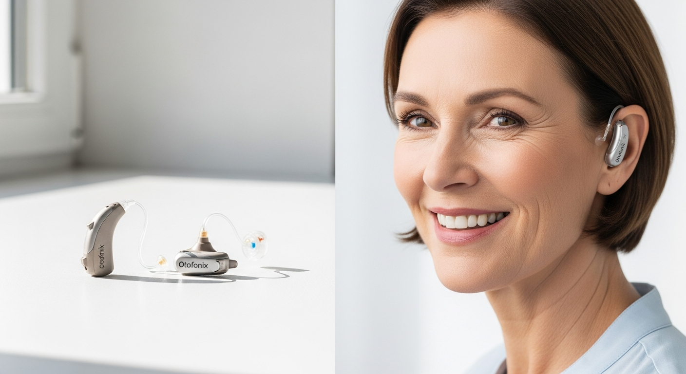 Otofonix Helix rechargeable hearing aids displayed with charging case and accessories