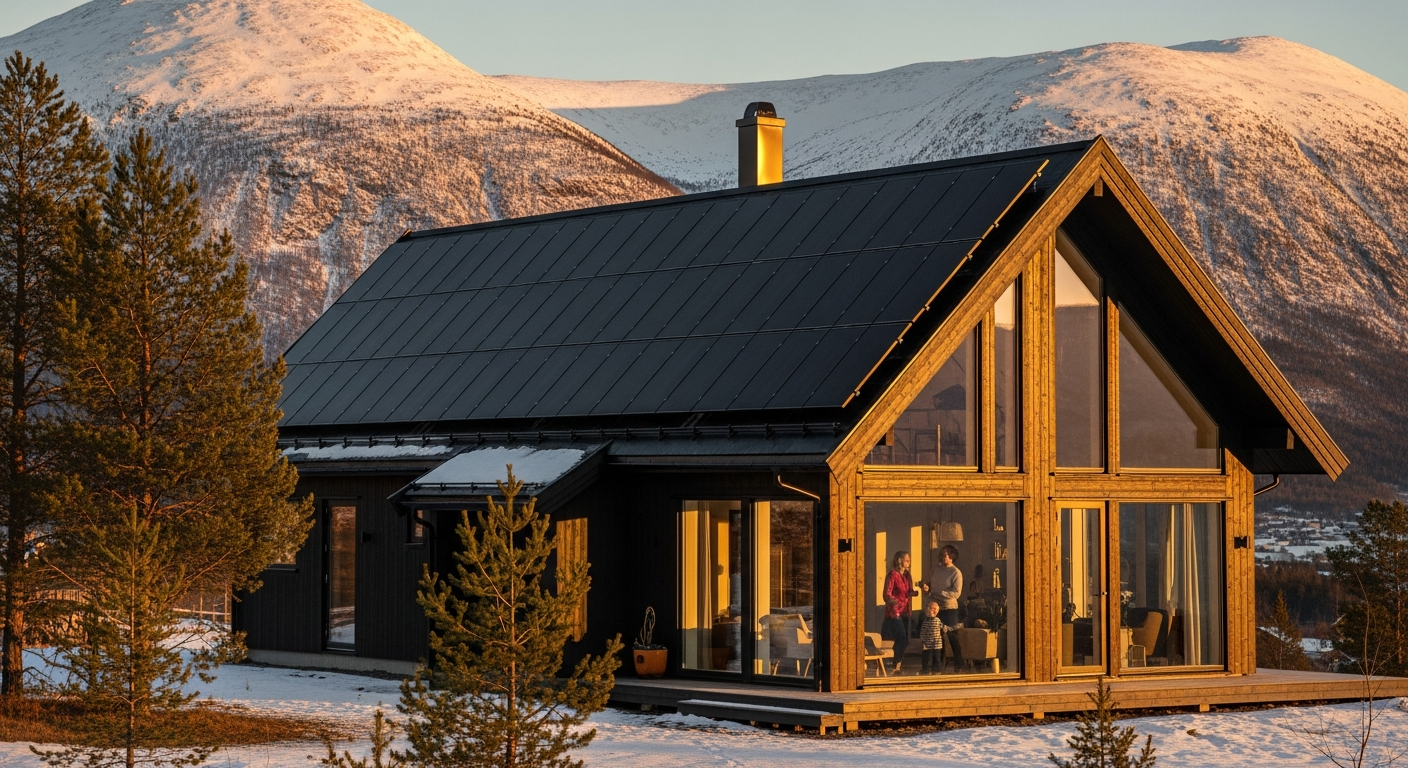 Otovo residential solar panel system installation on Norwegian home roof with mountains in background