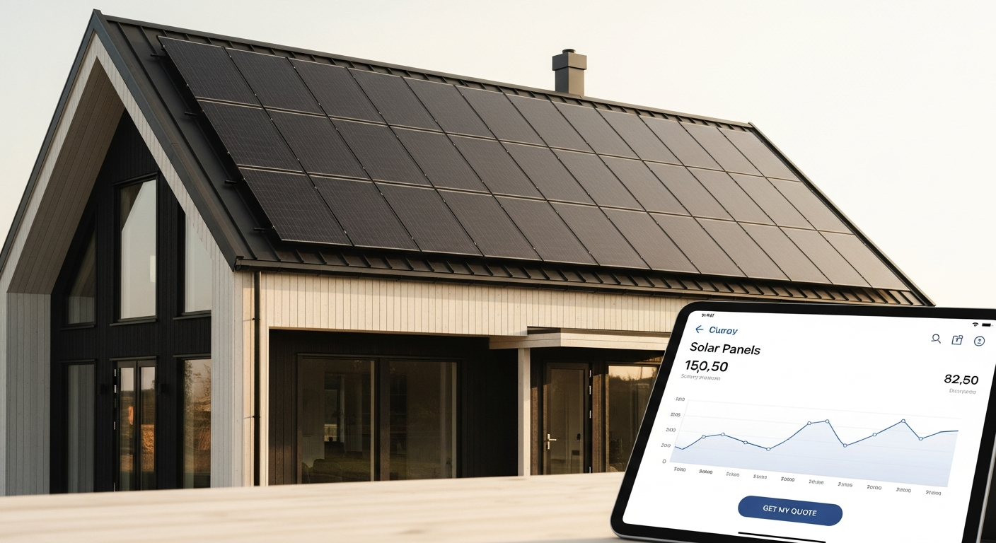Modern residential solar panel system installed on Norwegian home roof with snow