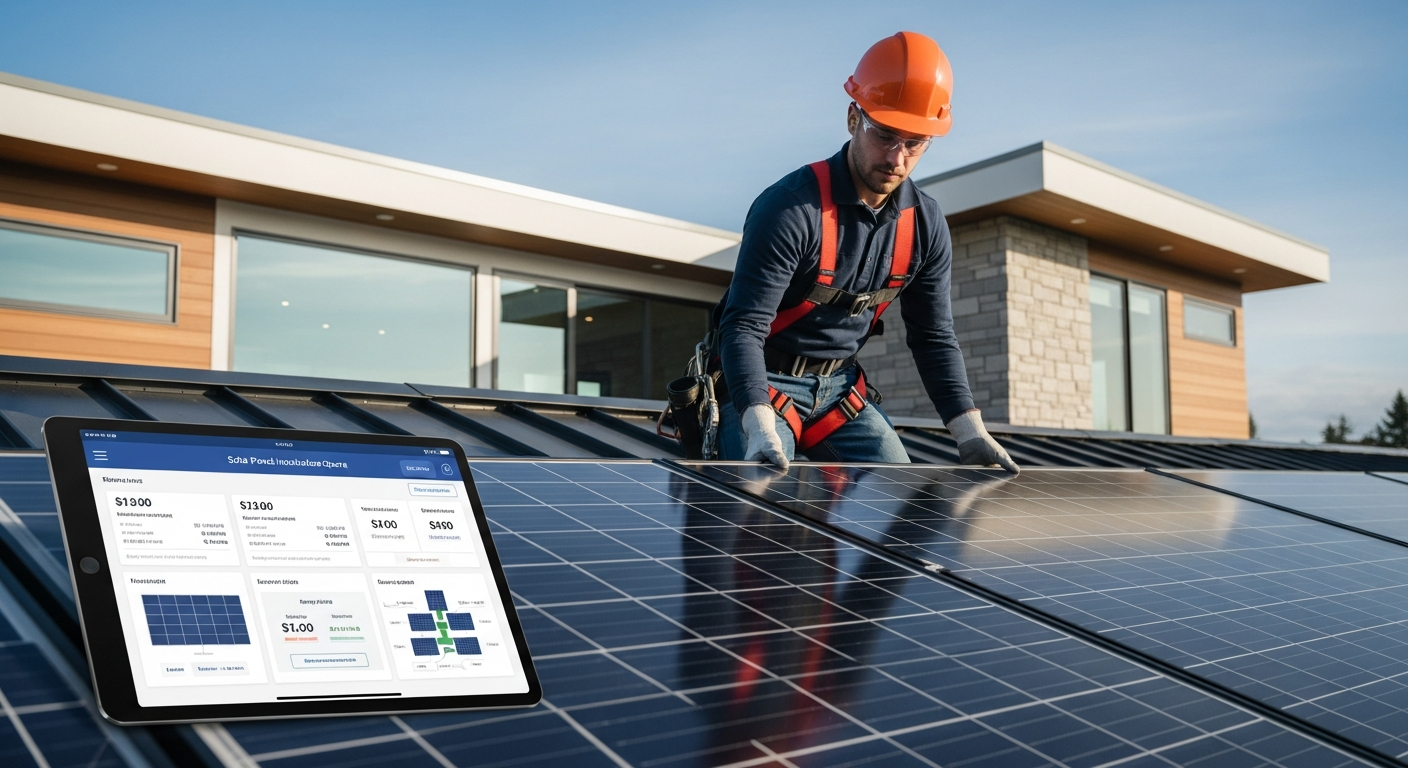 Residential home with solar panels and battery storage system installed on roof