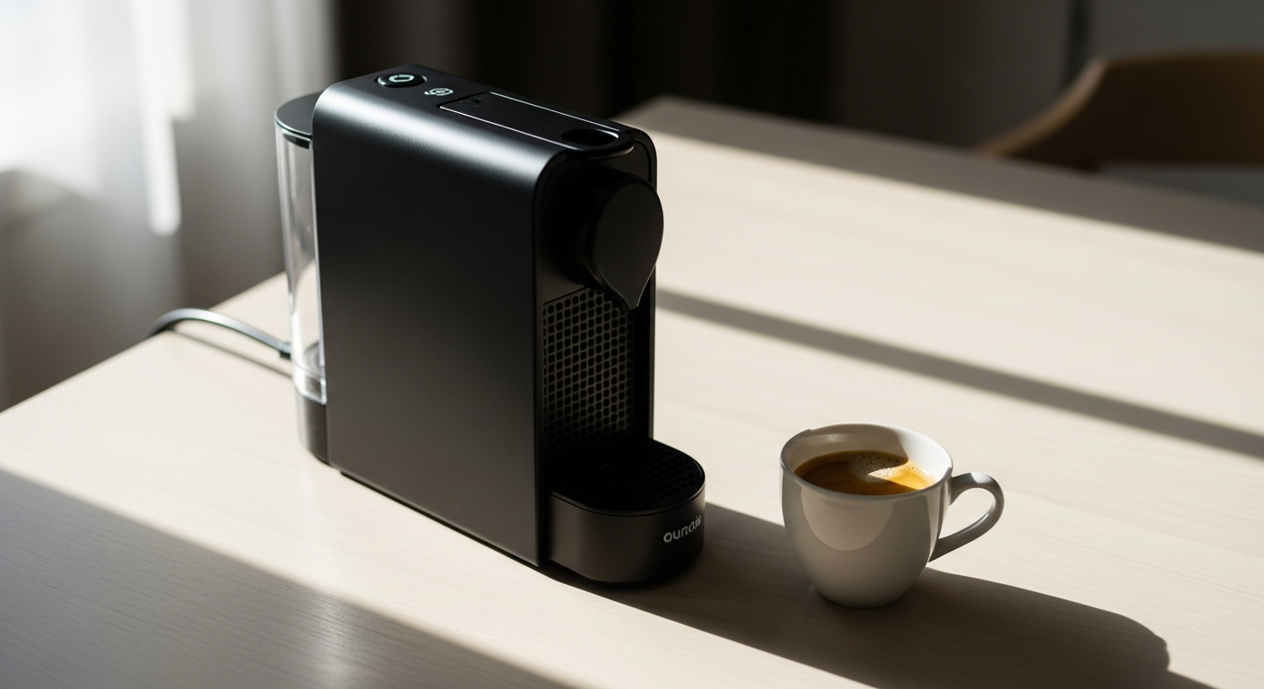 OutIn Mino portable electric espresso machine brewing espresso outdoors in natural light