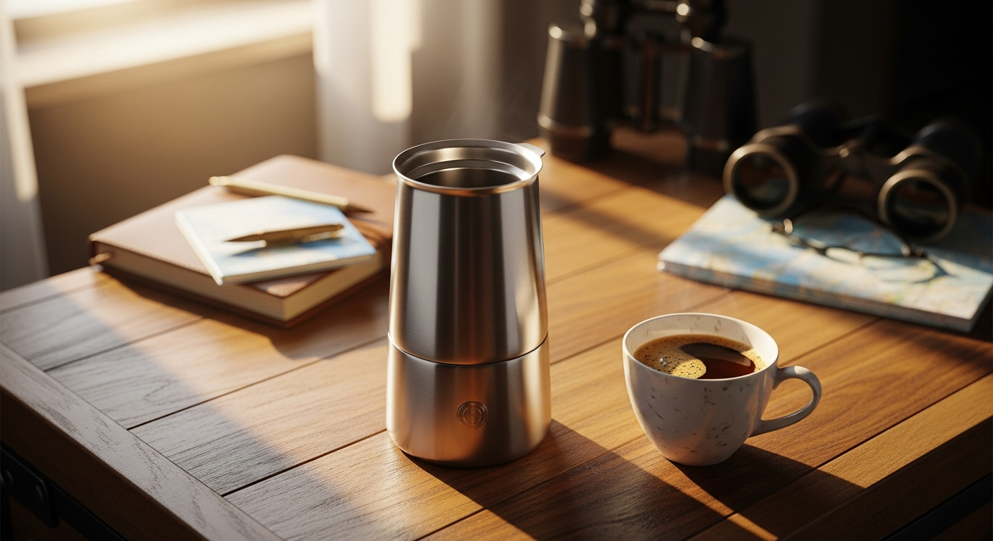 OutIn Nano portable espresso maker displayed with coffee cup and travel accessories
