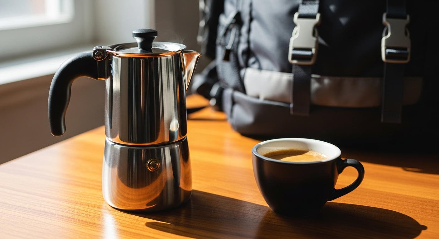 OutIn Nano portable espresso maker with 20-bar pressure pump displayed outdoors