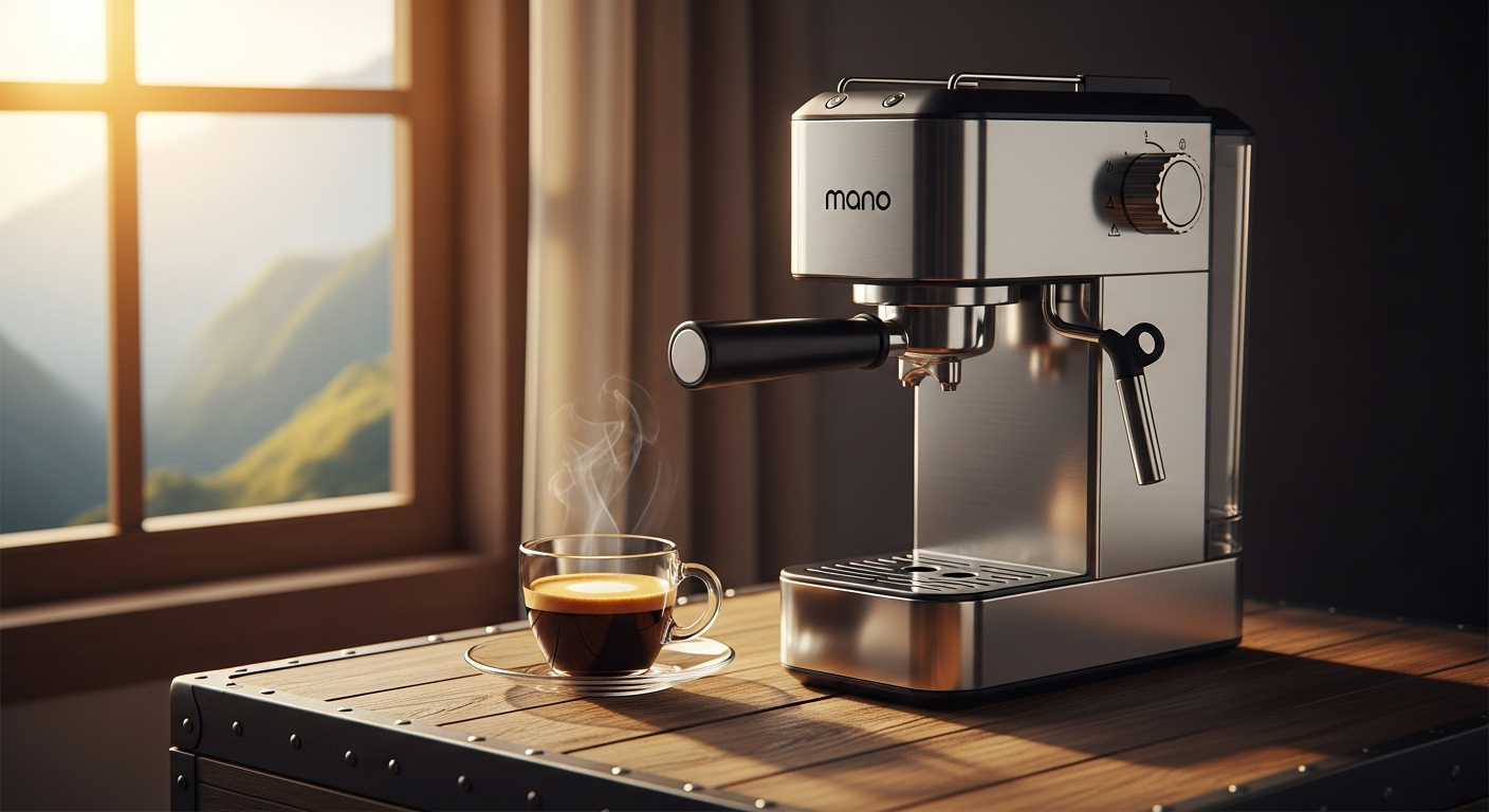 OutIn Nano Portable Self-Heating Espresso Machine displayed with coffee cup and travel gear