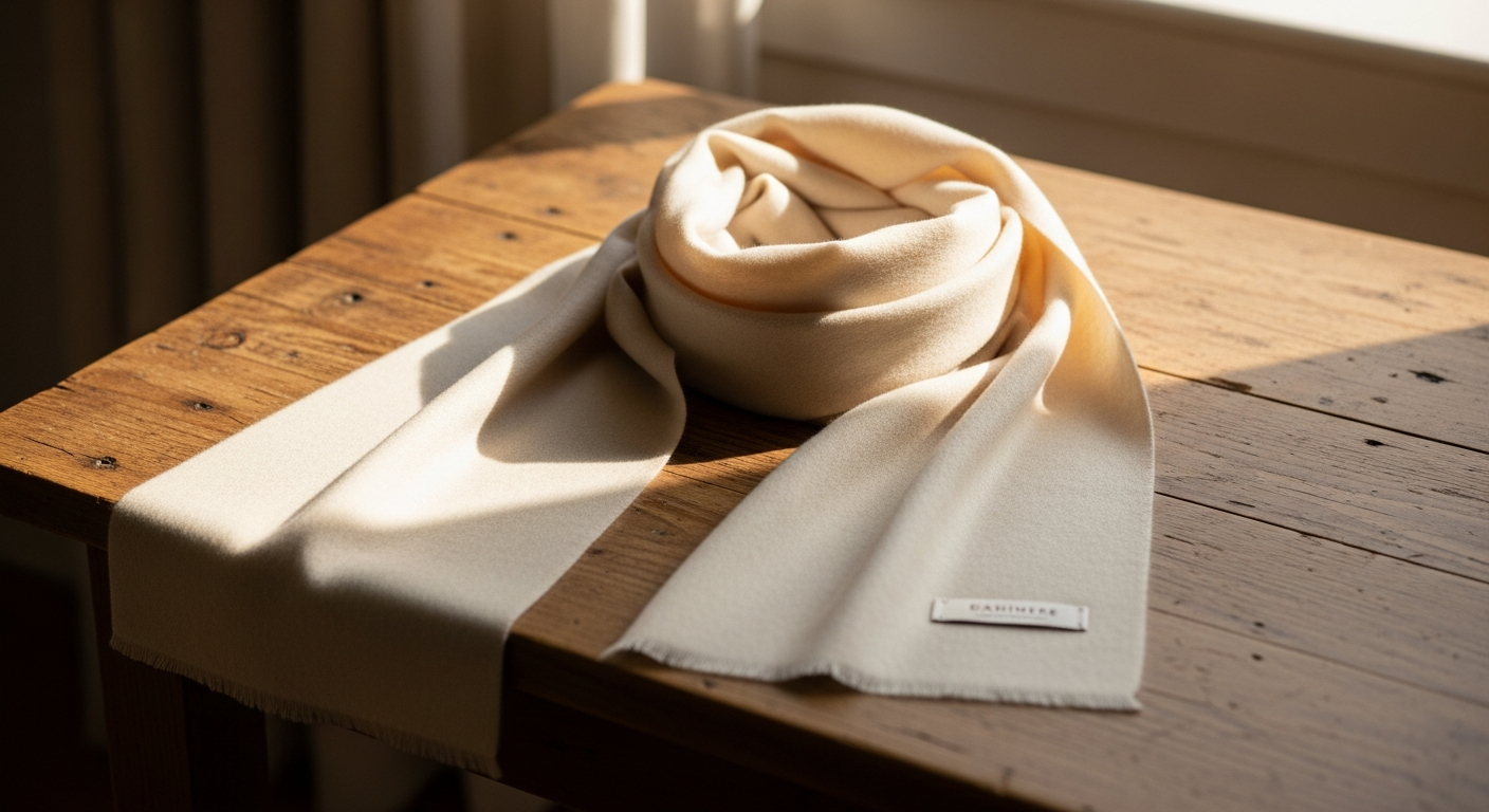 Luxurious cashmere scarf in neutral tone draped elegantly on shoulders