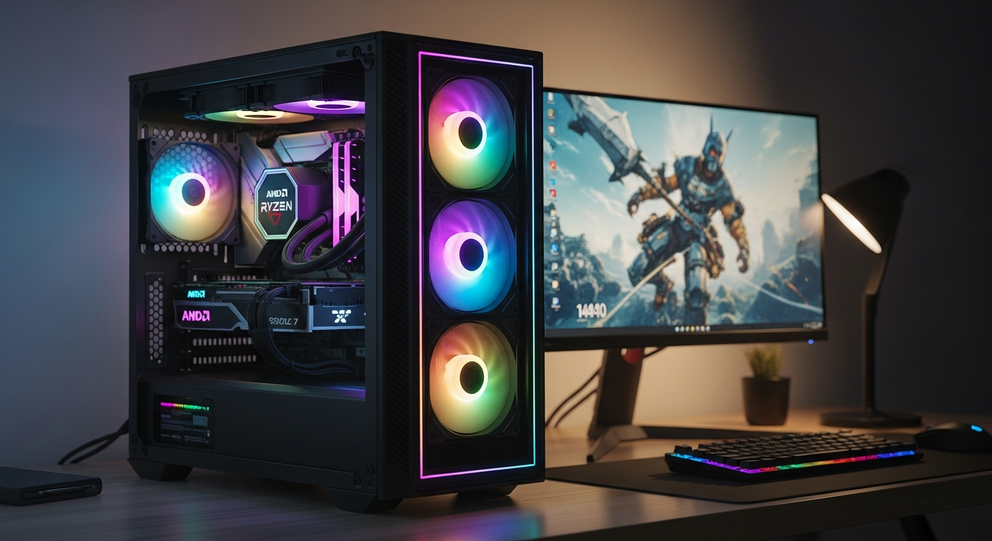 PcCom Ready AMD Ryzen 7 Gaming PC with RTX 5060 graphics card displayed
