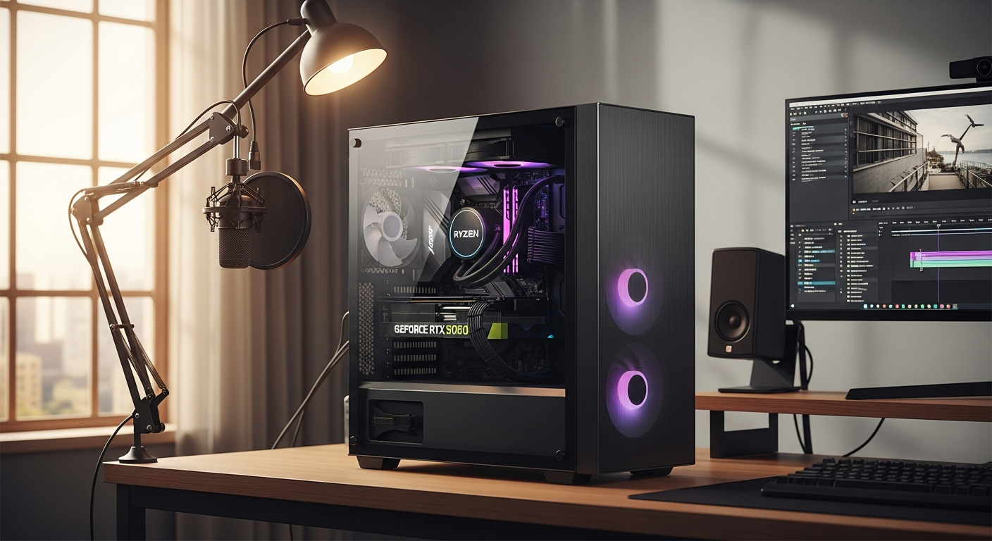PcCom Ready Gaming PC with Ryzen 7 processor and RTX 5060 GPU in professional studio setup
