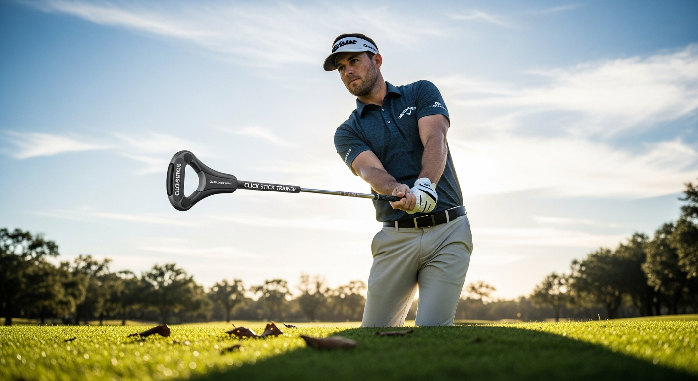 Performance Golf Click Stick Trainer lag training tool demonstration with golfer
