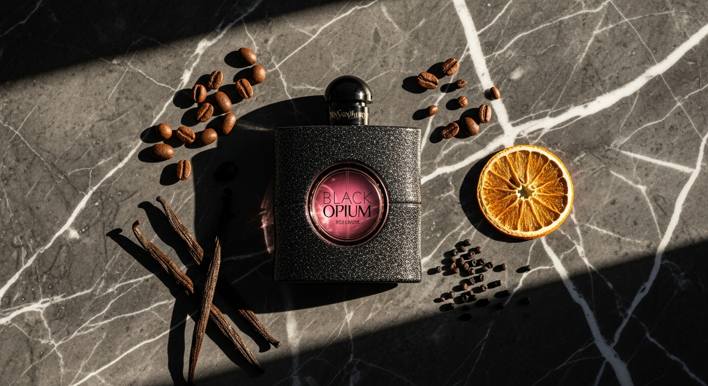 Black Opium Eau de Parfum bottle with coffee beans and vanilla pods