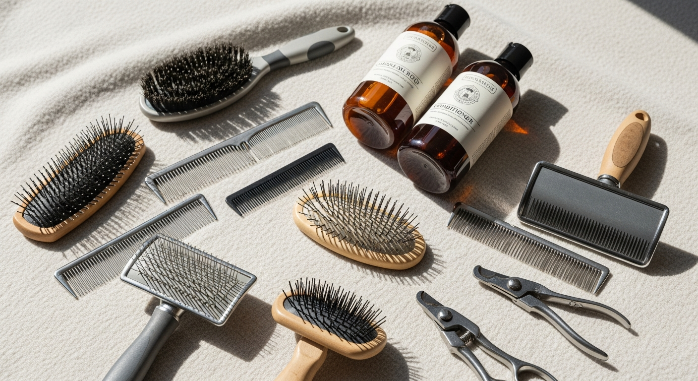 Pet grooming supplies and tools displayed on white background