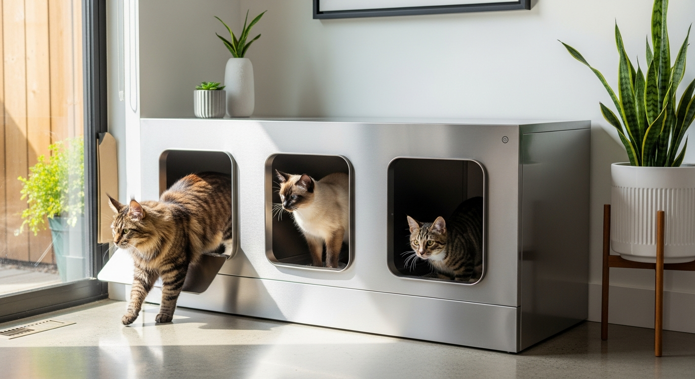 PetPivot automatic self-cleaning cat litter box with open top design in modern home setting