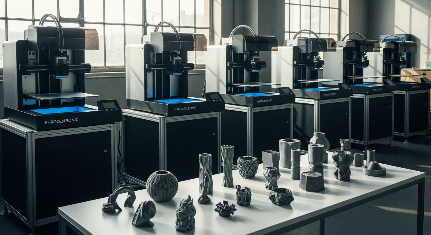Phrozen Sonic Mega 8K S large-format resin 3D printer in commercial print farm production environment
