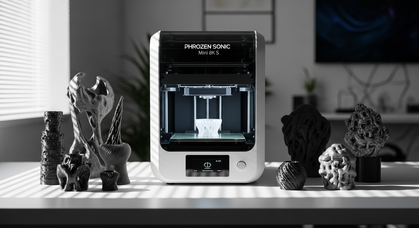 Phrozen Sonic Mini 8K S resin printer with detailed miniature figurines displayed