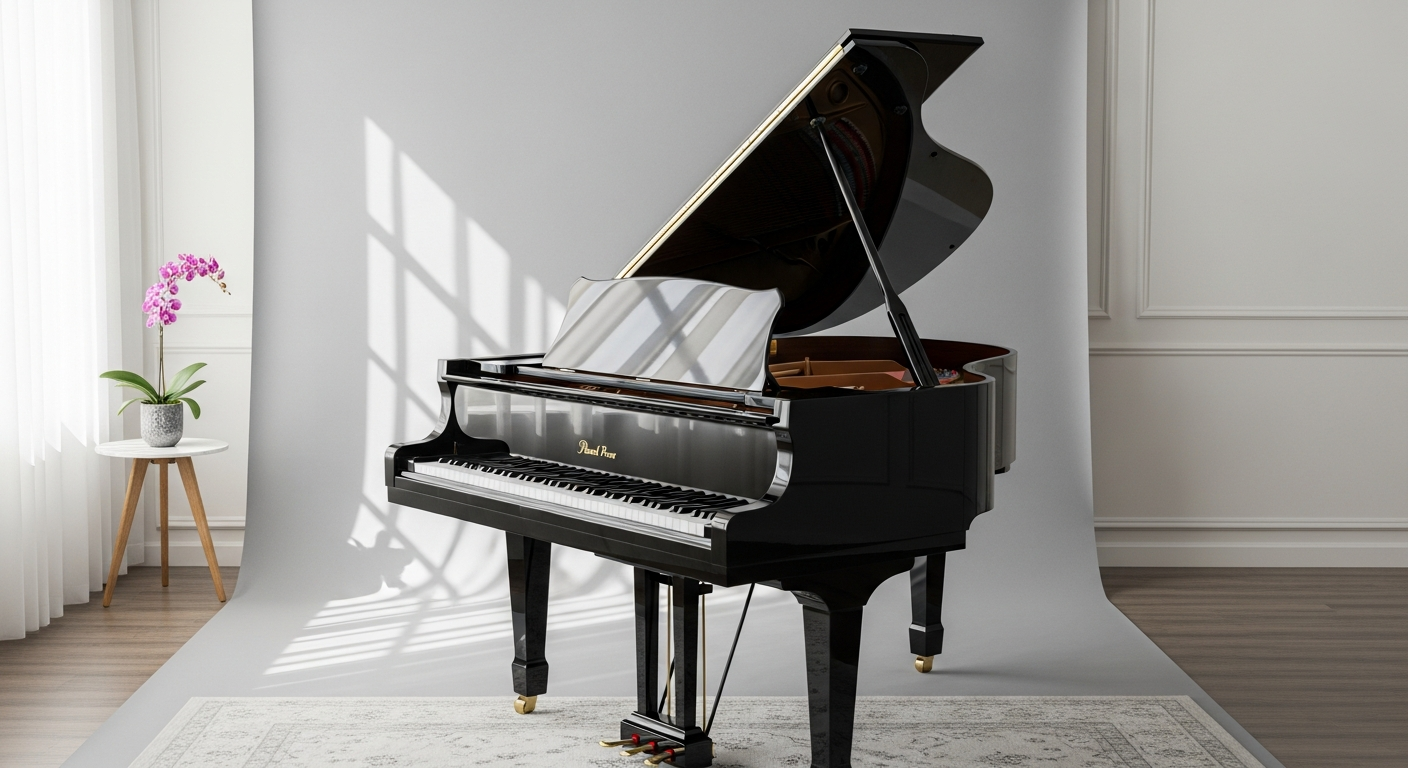 Pearl River GP150 baby grand piano in polished ebony finish in elegant music room