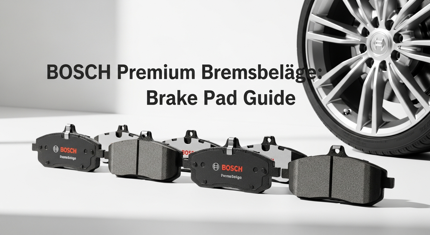 BOSCH Premium Bremsbeläge brake pads displayed with technical specifications and installation tools
