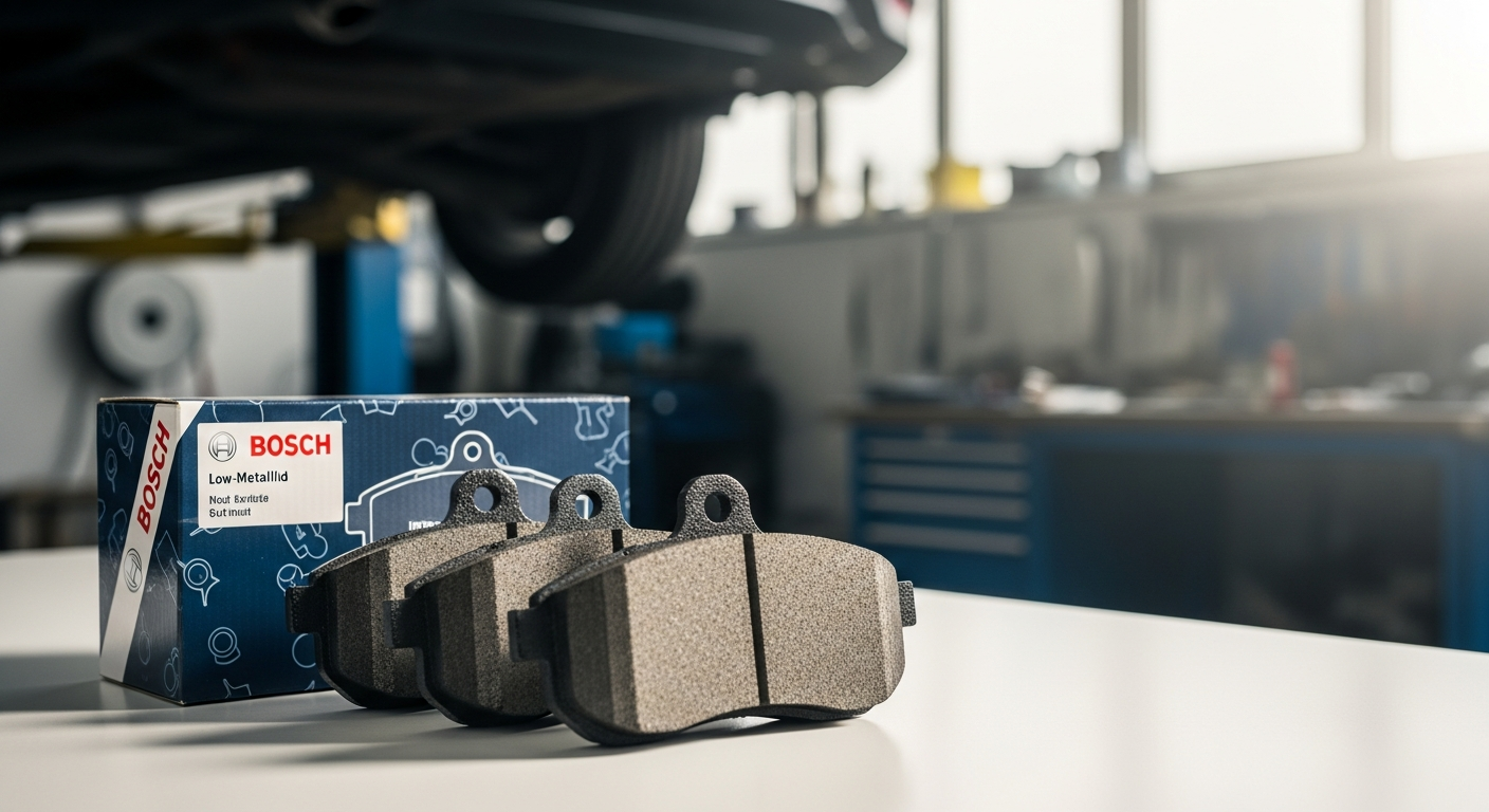 Bosch Low-Metallic Brake Pads Axle Set package and components displayed