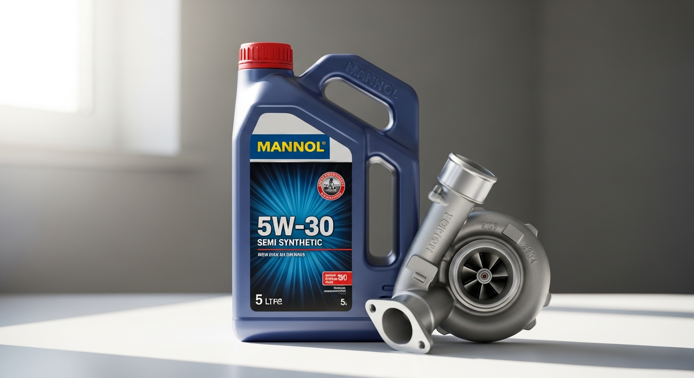 MANNOL 5W-30 semi-synthetic engine oil 5-liter bottle displayed with European vehicle brands