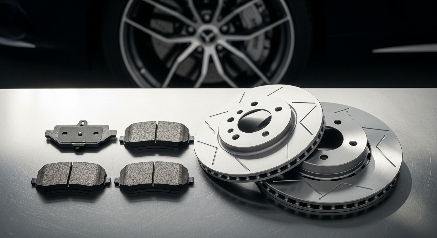 Premium car brake pads and discs displayed on a performance vehicle