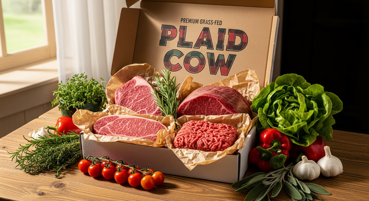 Premium grass-fed beef cuts and ground meat in branded packaging