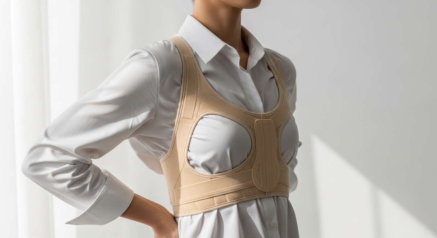 Professional wearing invisible posture corrector brace under office clothing at desk