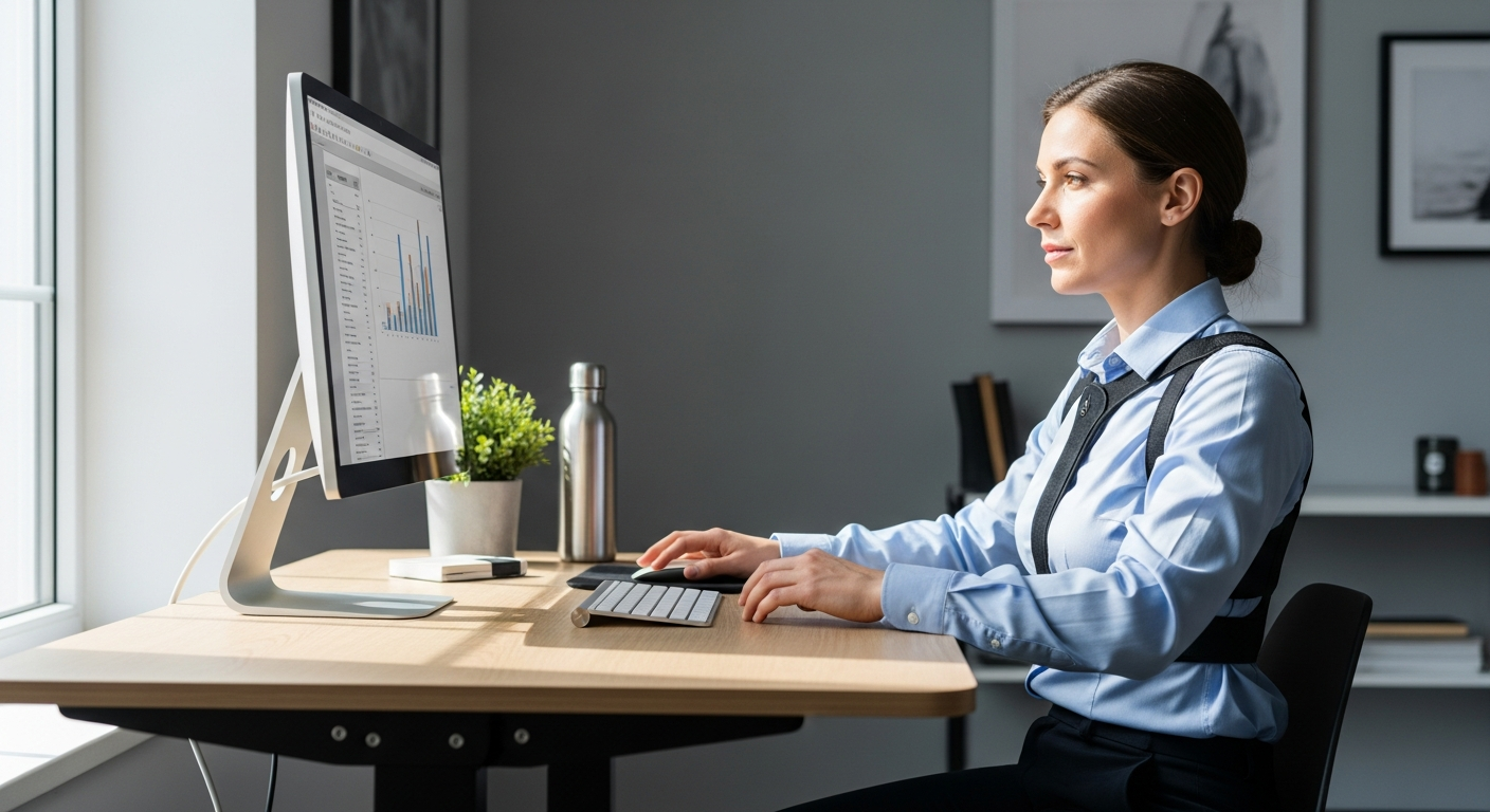 Dunimed Premium Ventilated Posture Corrector worn by desk worker at office desk