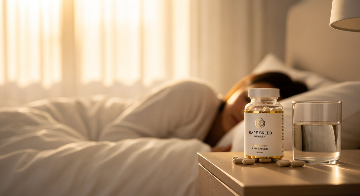 Rare Sleep melatonin-free capsules with natural botanical and cannabinoid ingredients displayed