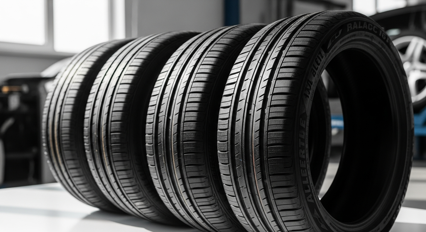 Premium all-season car tires displayed on modern vehicle in Austrian landscape
