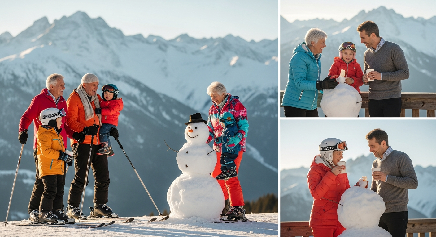 Alpine mountain resort with family enjoying wellness spa facilities and outdoor activities together