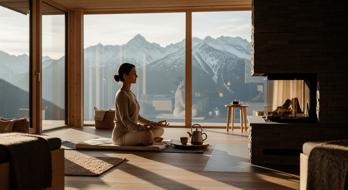 Serene Alpine mountain landscape with luxury spa resort nestled in valley