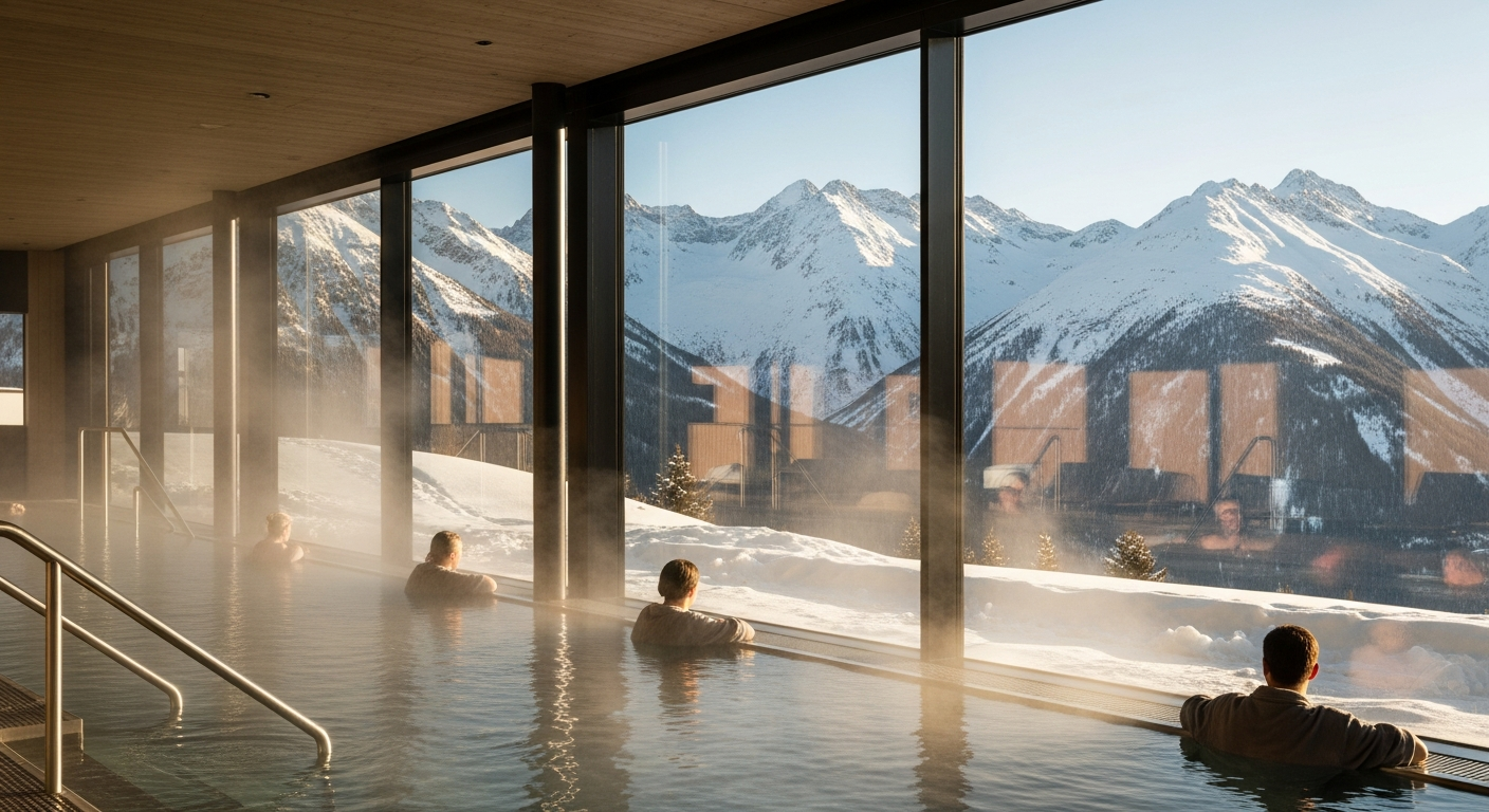 Serene Alpine mountain landscape with luxury wellness resort nestled in valley