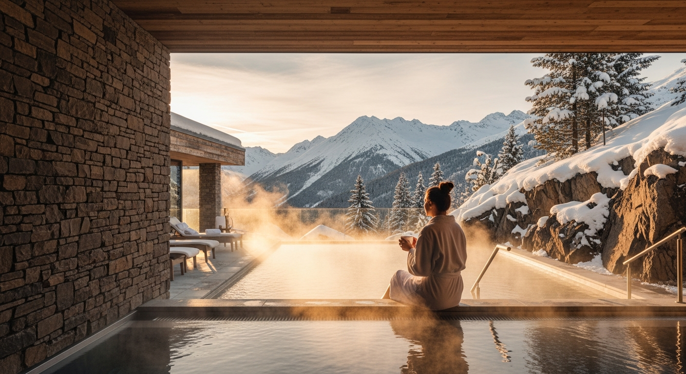 Serene Alpine mountain valley with luxury wellness resort nestled among snow-capped peaks