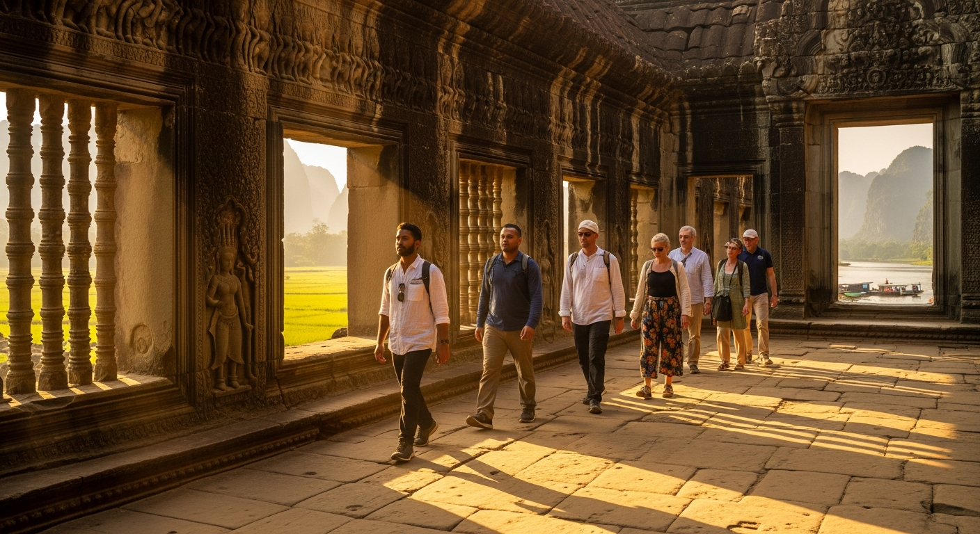 Vietnam and Cambodia tour group exploring ancient Angkor Wat temple complex