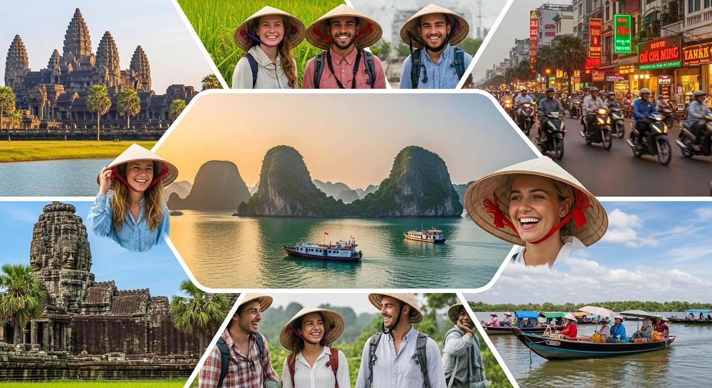 Vietnam Cambodia 15-day tour group exploring ancient Angkor Wat temple complex