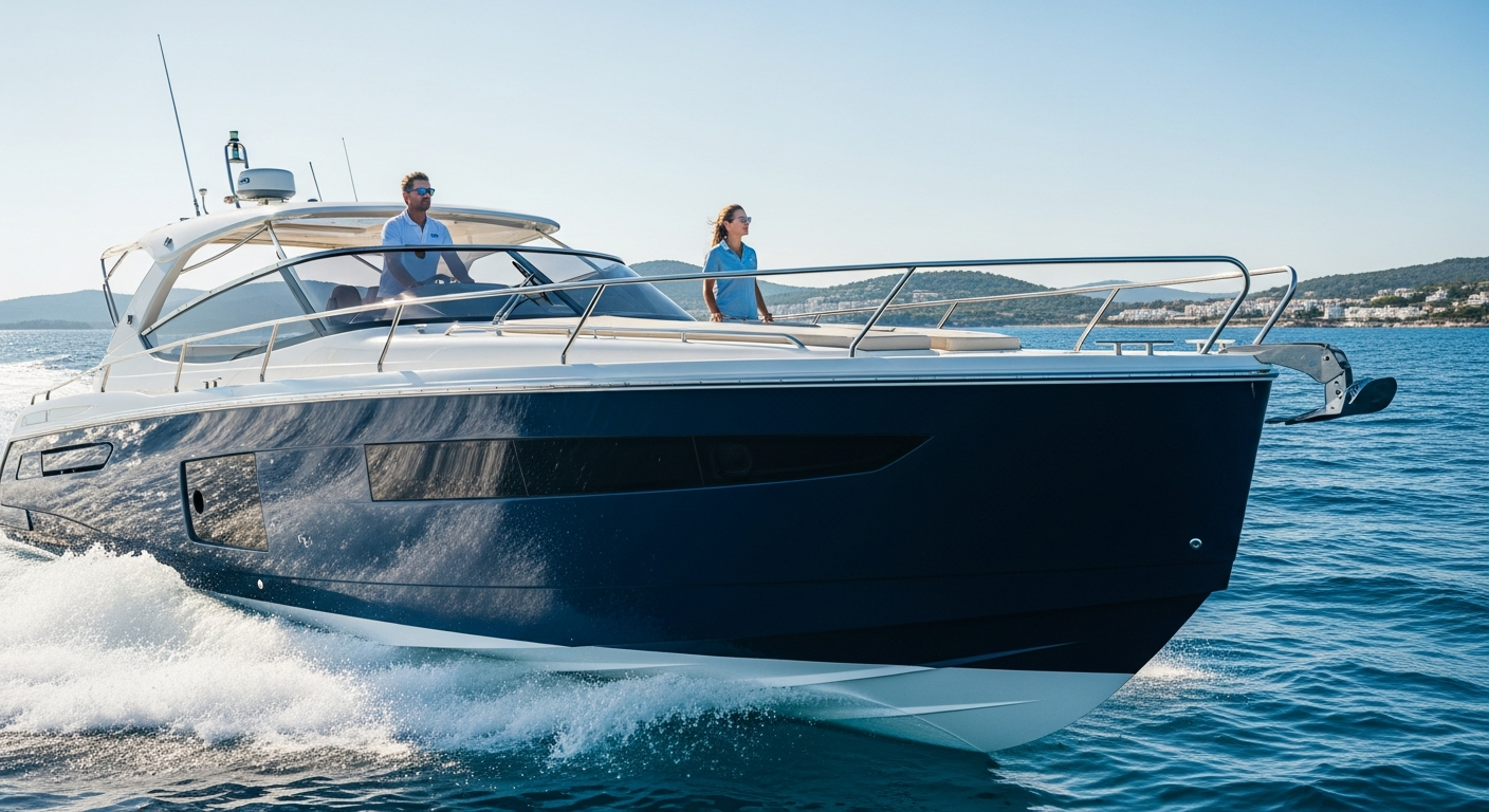 Motorboat on calm UK waters with scenic coastal landscape in background