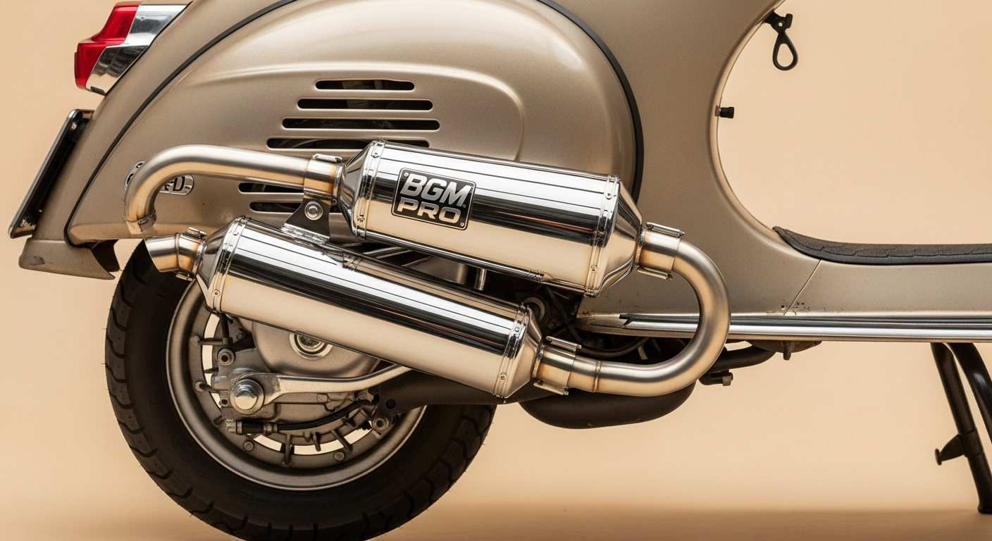 bgm PRO Touring Exhaust mounted on classic Vespa Wideframe scooter