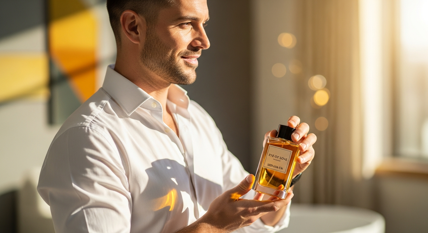 Eye of Love Confidence Pheromone Cologne bottle with citrus and musk fragrance notes displayed
