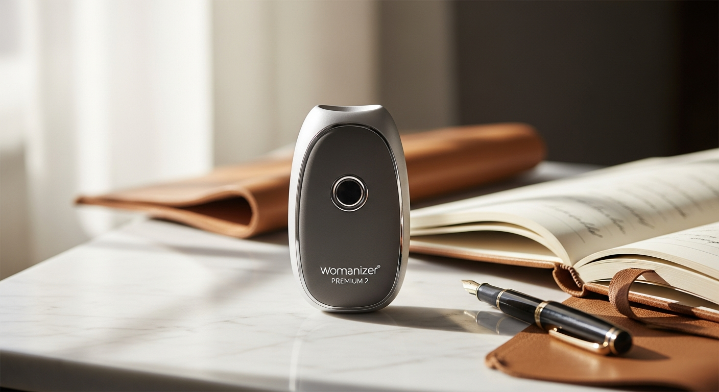 Womanizer Premium 2 clitoral stimulator with Pleasure Air Technology displayed on elegant surface