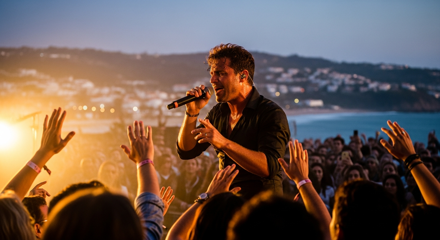 Lewis Capaldi performing live on stage at Praia do Relógio beach venue in Figueira da Foz Portugal