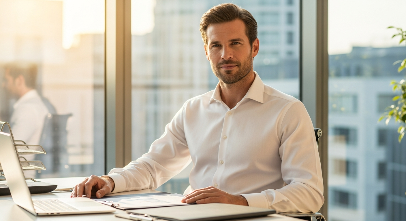 Professional man wearing a crisp Seidensticker non-iron business shirt in modern office setting