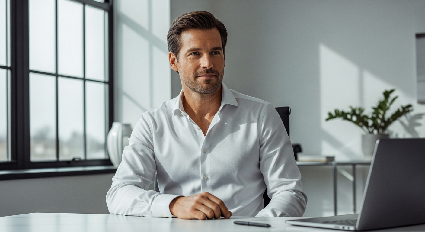 Professional man wearing premium Seidensticker non-iron business shirt in office setting