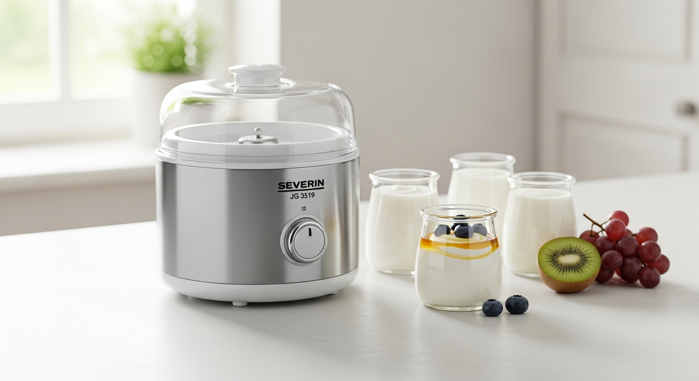 Severin JG 3519 yogurt maker with seven individual serving jars displayed