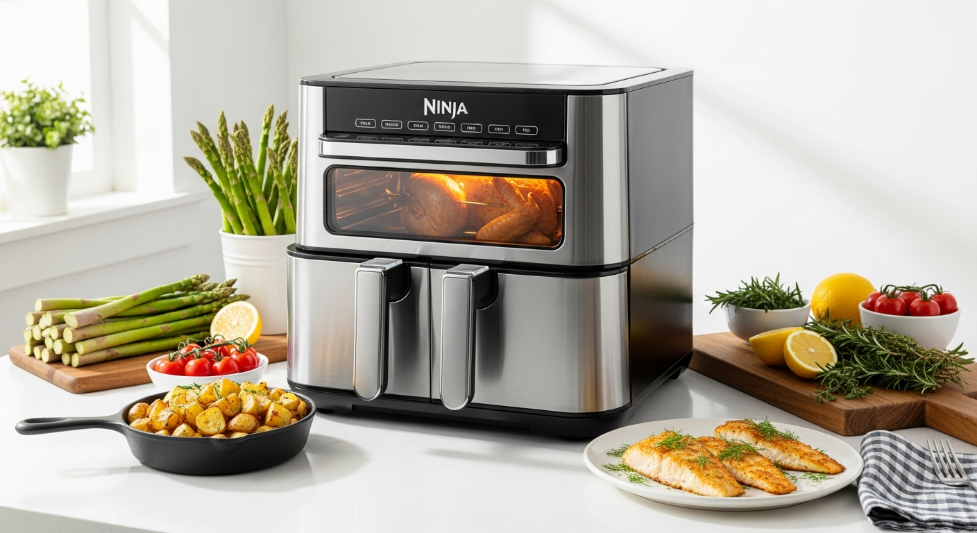 Ninja DoubleStack XL Air Fryer with vertical stacked baskets in modern kitchen
